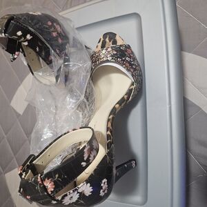 Black and Pink High Heel Sandals with Transparent Straps